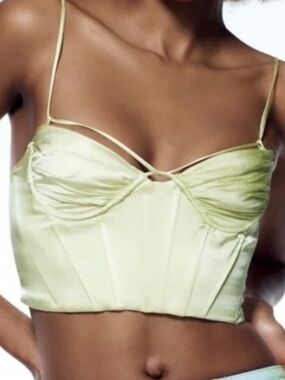 Zara Satin Corset Crop Top in Pale Green Small NWT Festival Date Night Spring